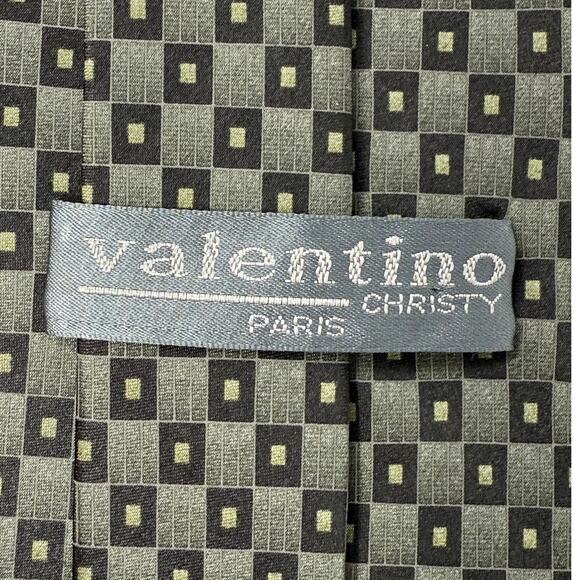 Valentino Christy Paris 100% Silk Tie Gold Green with Black Squares - Picture 4 of 6